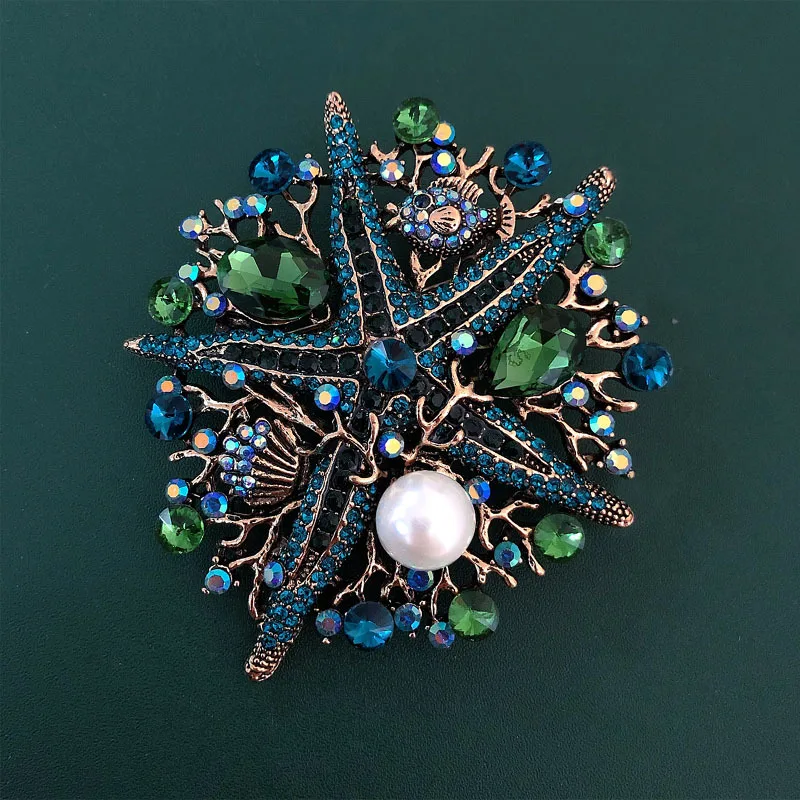 Large Vintage Luxury Mermaid Turtle Starfish Animal Brooches Gold Color Alloy Pearl Crystal Brooch Lady Party Pins Accessories