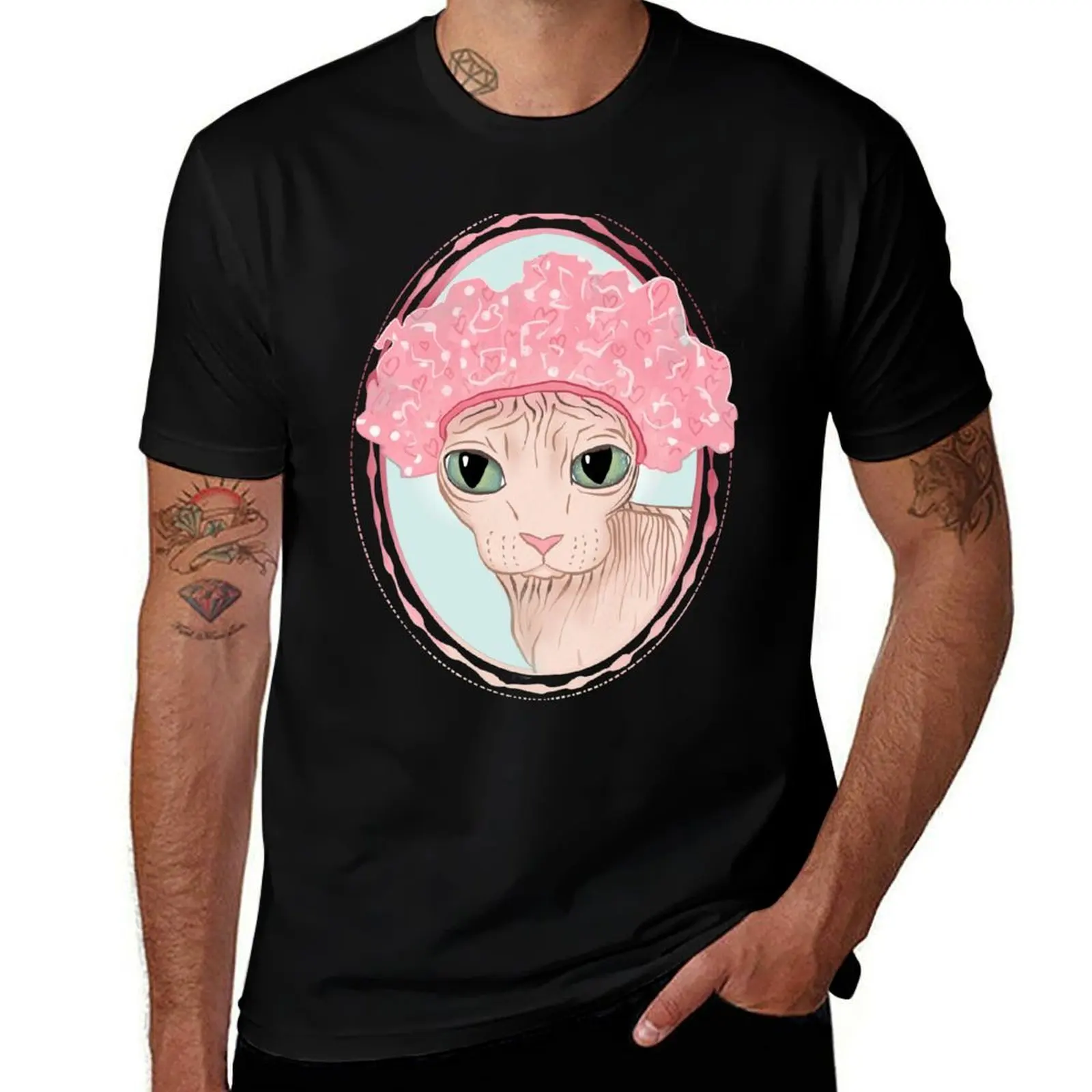 

t Sphynx t Shower shirt graphic man Hairless for men man Wearing a Pink T-Shirt Cat Cap shirts