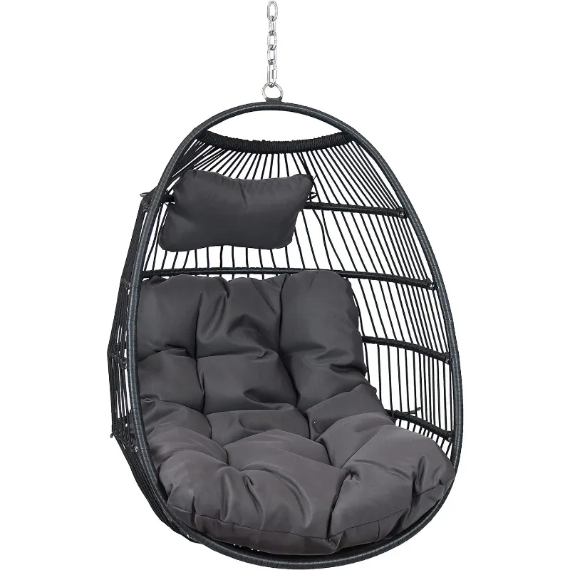 

Julia Hanging Egg Chair - Black Polyethylene Wicker Rattan Frame with Gray Polyester Cushions