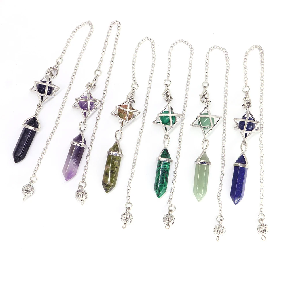 Natural Stone Pendulum Dowsing Divination Chain Hexagonal Column Geometry Merkaba Healing Crystal Bead Pendant Reiki Gem Pendule