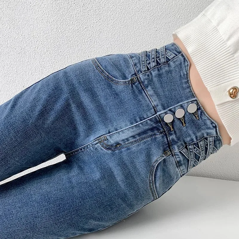 Diseño de cintura alta mamá Jeans Mujer novios recto elástico Mujer algodón ajustado Vintage Mujer tendencia Denim pantalones Vaqueros Mujer