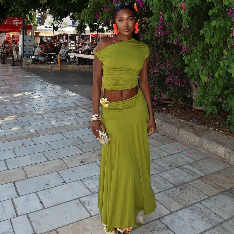 Women's Green Beach Maxi Skirt Sets Fashion High Waist Slim Bohemian Outfits Off The Shoulder Holiday Party Two Piece Set 2025