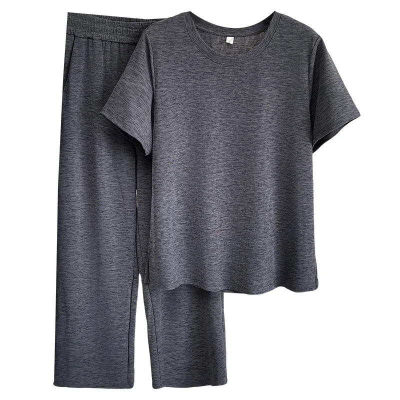 

Plus Size Women's Set Casual Short Sleeve Tops And Wide Leg Long Pants Two Piece 100kg New Summer