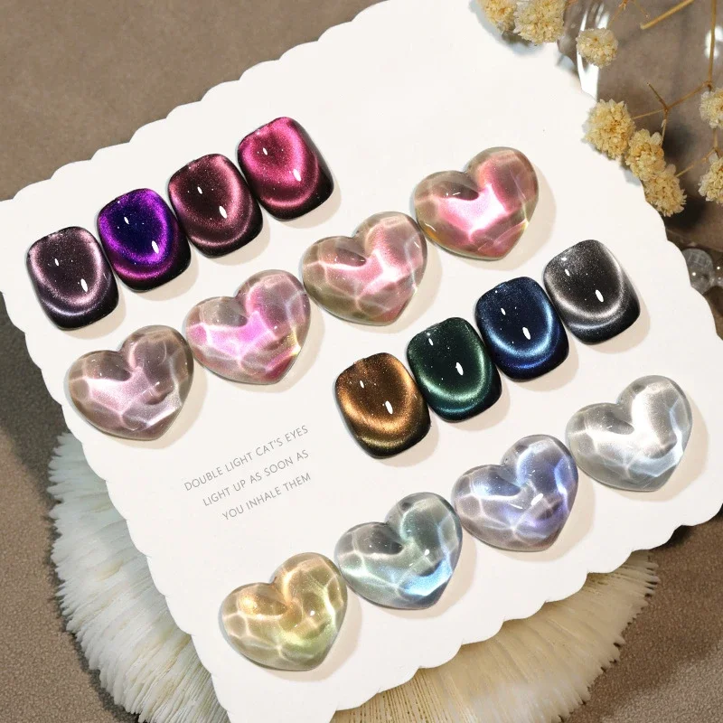 9Pcs 15ML Double Light Cat Magnetic Polish Gel Nail Art Sparkling Rainbow Gel Nail Polish Semi Permanent UV Magnet Shiny Gel