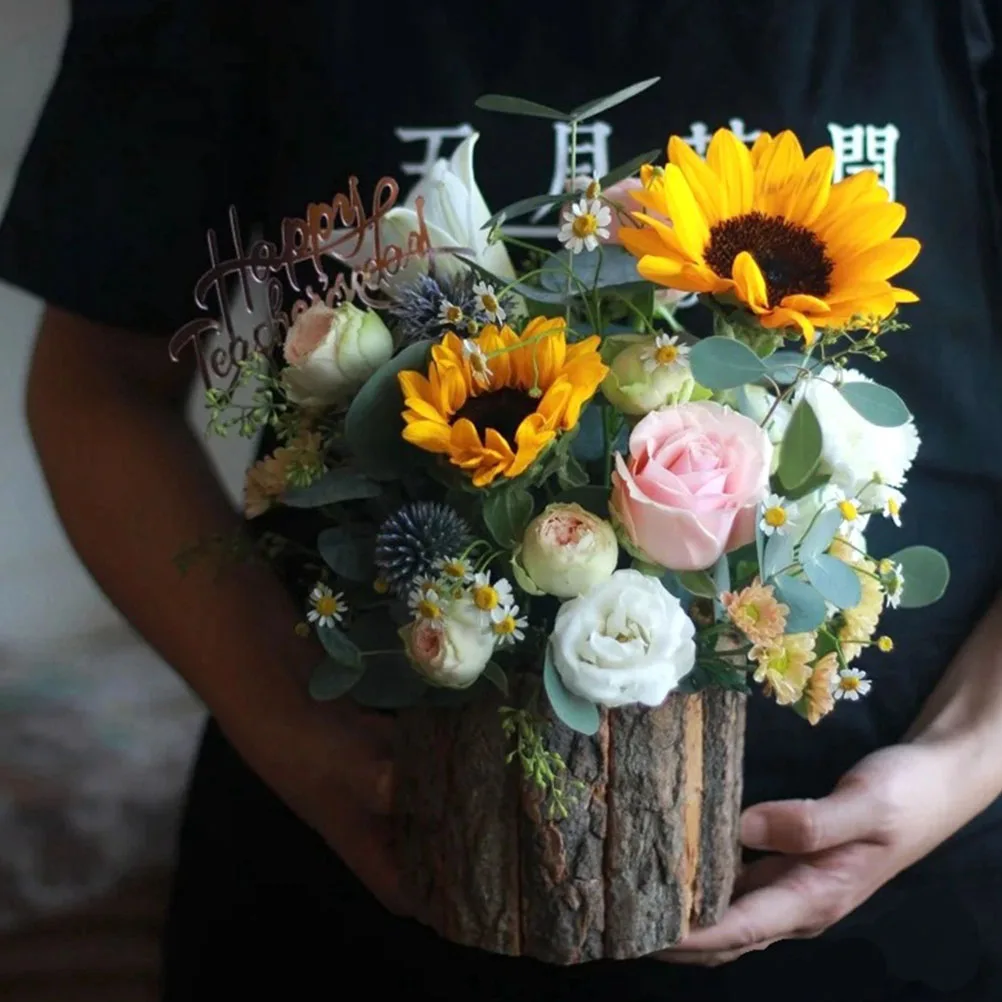 

Wooden Flowerpot Decorative Planter Natural Bark Imitation Retro Vase for Home Desk Shelf Flower Pot Faux Stump