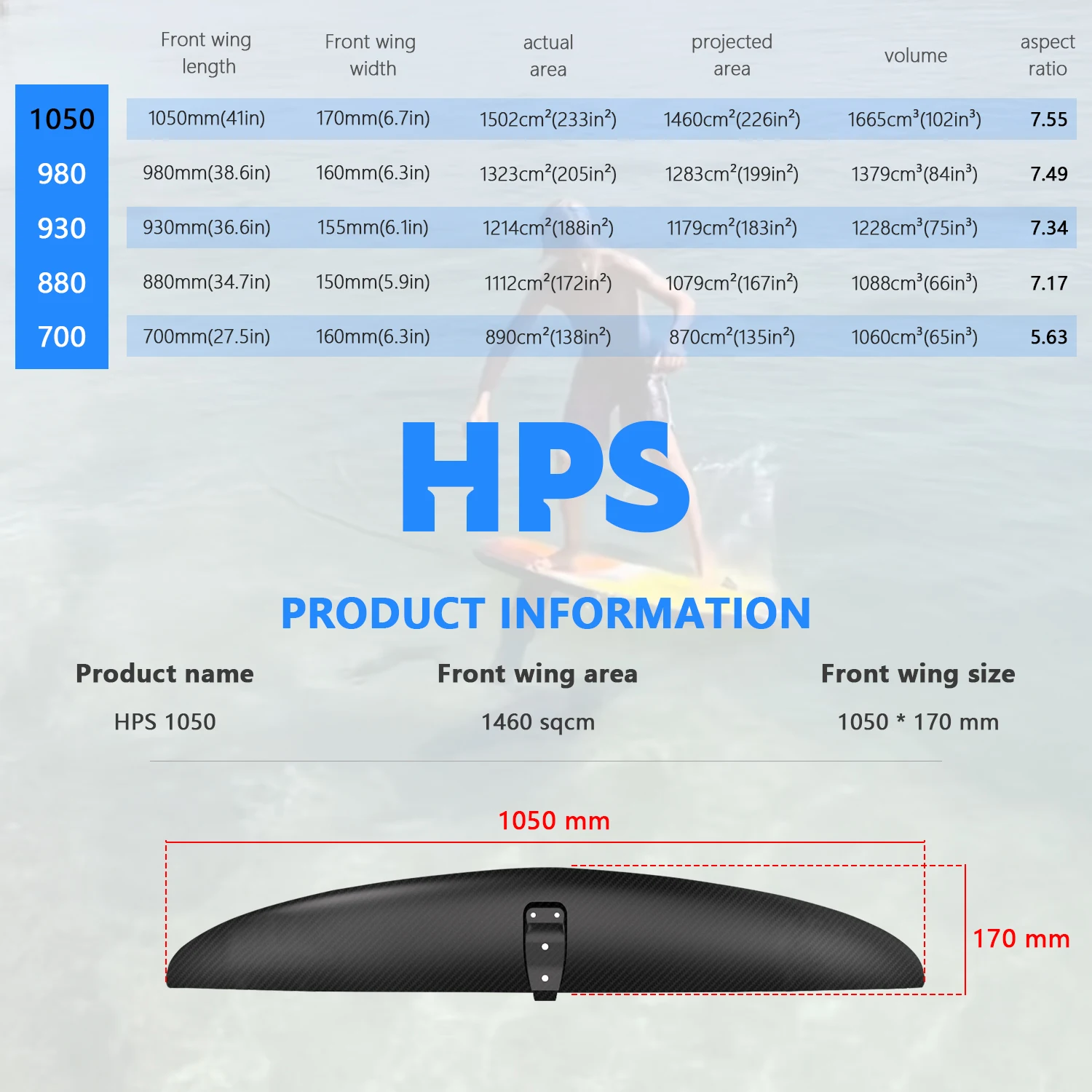 HPS 1050 Aluminum Carbon Kitesurfing Water Sports Foil Board Wingfoil Surfboard Dock Start Hydrofoil Pumping Front Wing
