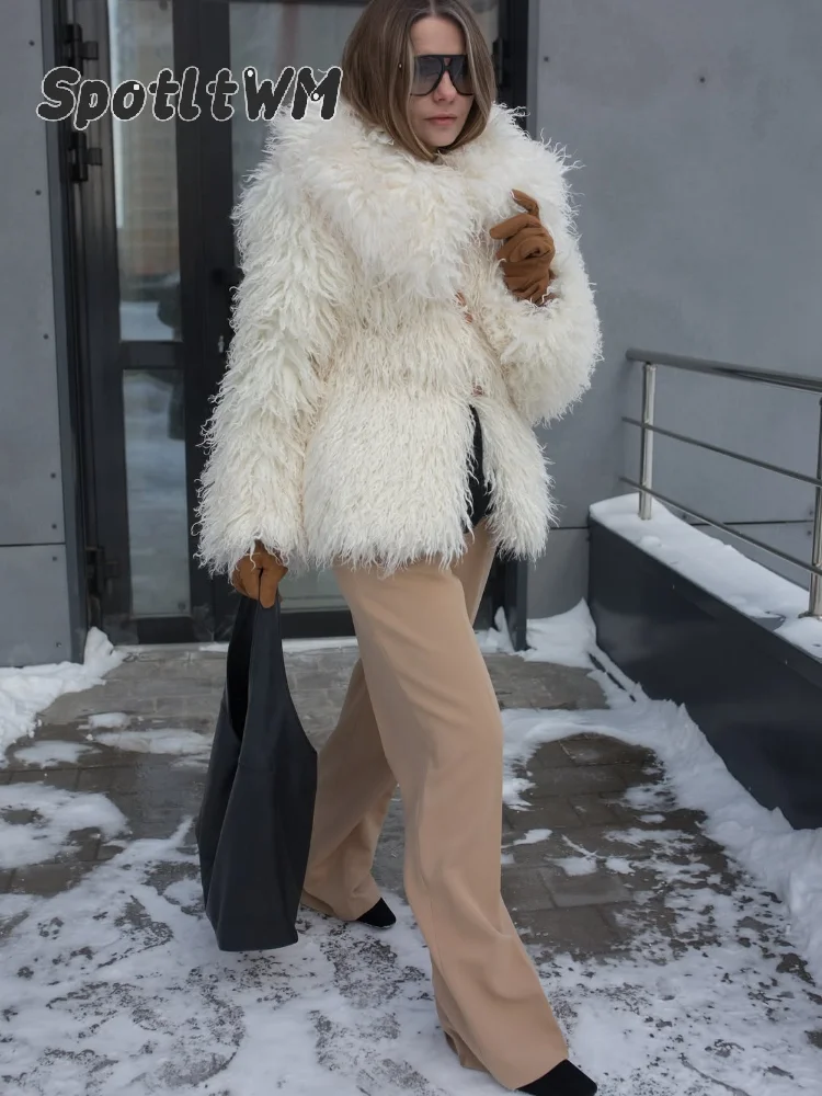 Women’s Solid Color Faux Fur Coat Lapel Collar Women Longsleeve Waist-cinching Fuzzy Jacket  Autumn Winter Casual Lady Outfits
