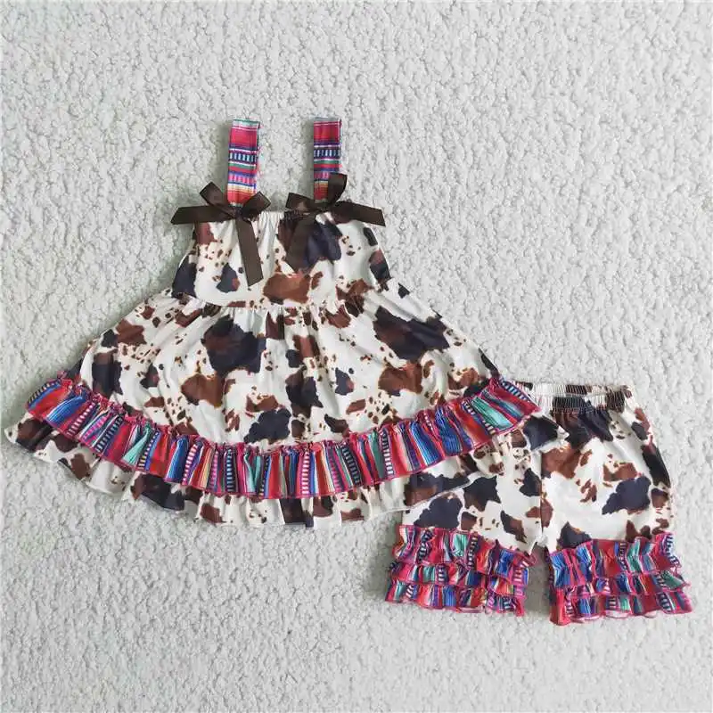 Wholesale Price Summer children's clothing ink pattern shoulder strap bow colorful striped top Lace shorts girl boutique suit