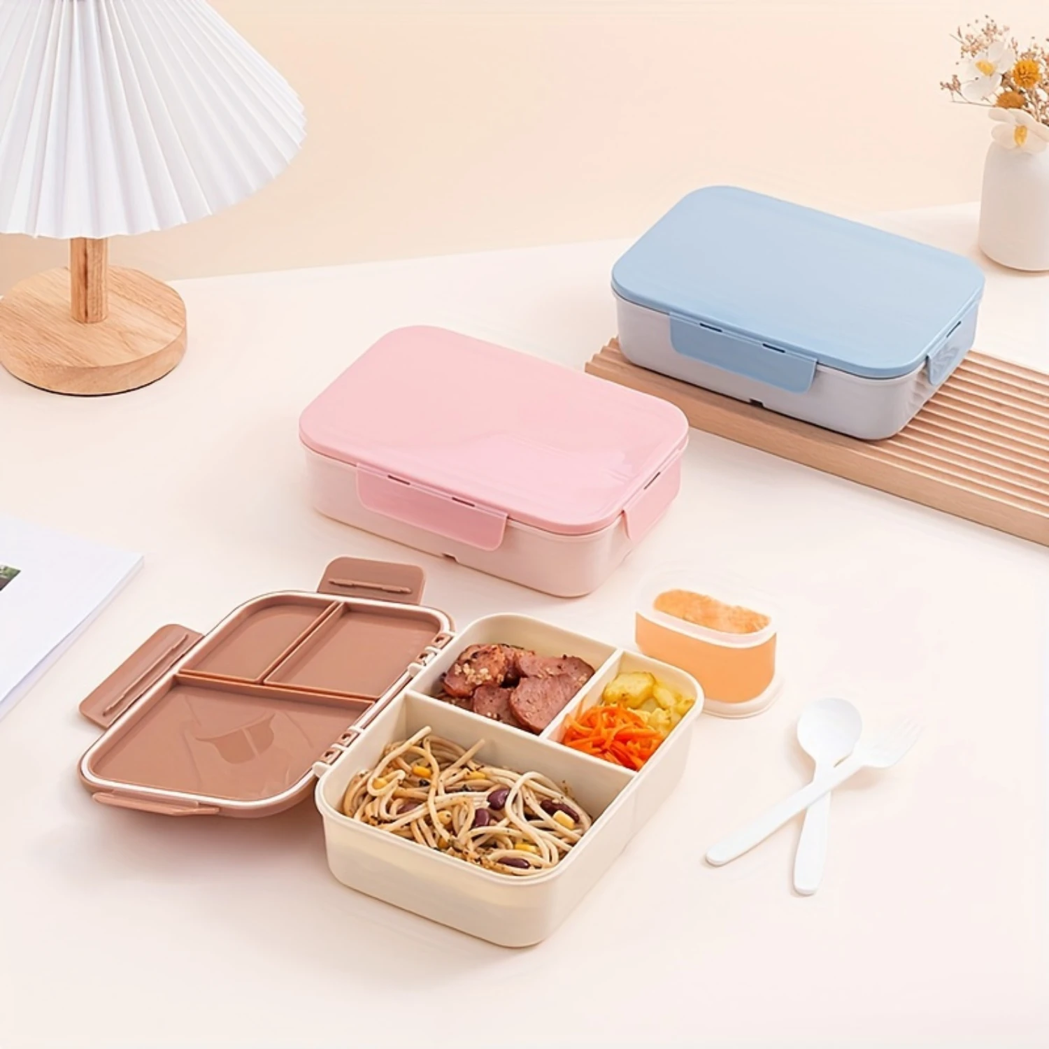 1pc Bento Box With Cutlery, Flap Divided Lunch Box, Microwaveable Bento Box, Sealed Leak-proof Lunch Box