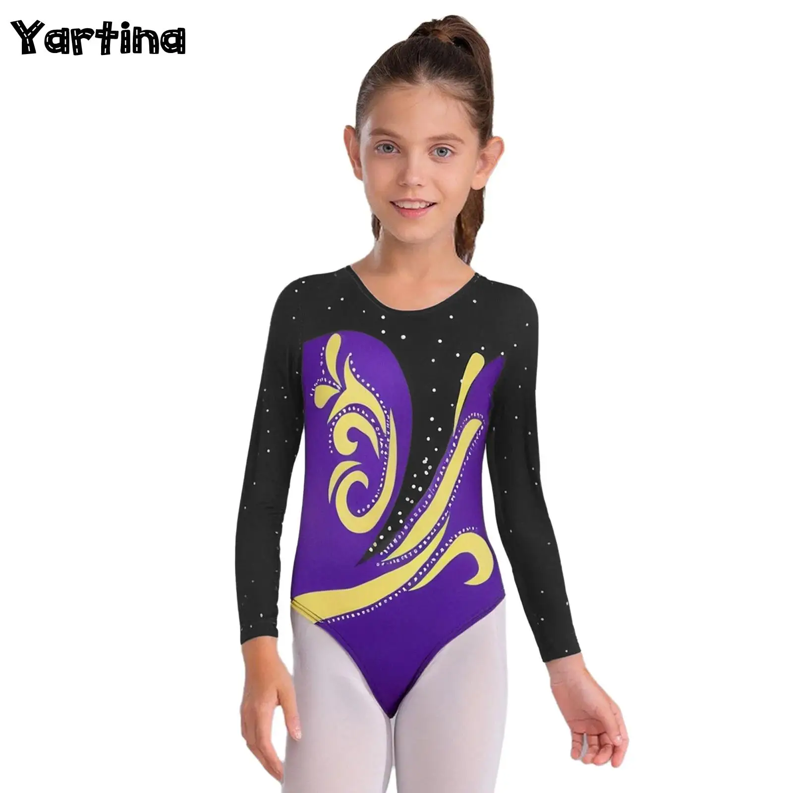 

Kids Girls Gymnastics Figure Skating Ballet Jersey Dance Leotards Jumpsuit Round Neck Long Sleeve U Back Printed Bodysuit