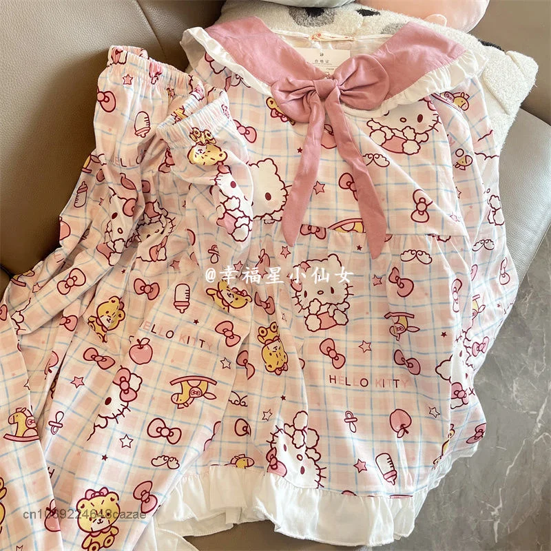 Sanrio-Pijama con estampado de Hello Kitty para mujer, conjunto de ropa de casa con pantalones de manga larga, color rosa, Kawaii, Y2k, primavera y