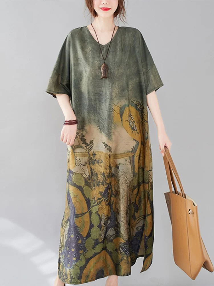 Imprimé fleuri ample été Dr v-ne minceur grande taille vêtements pour femmes coton Long Sve ort Dr pour grande taille