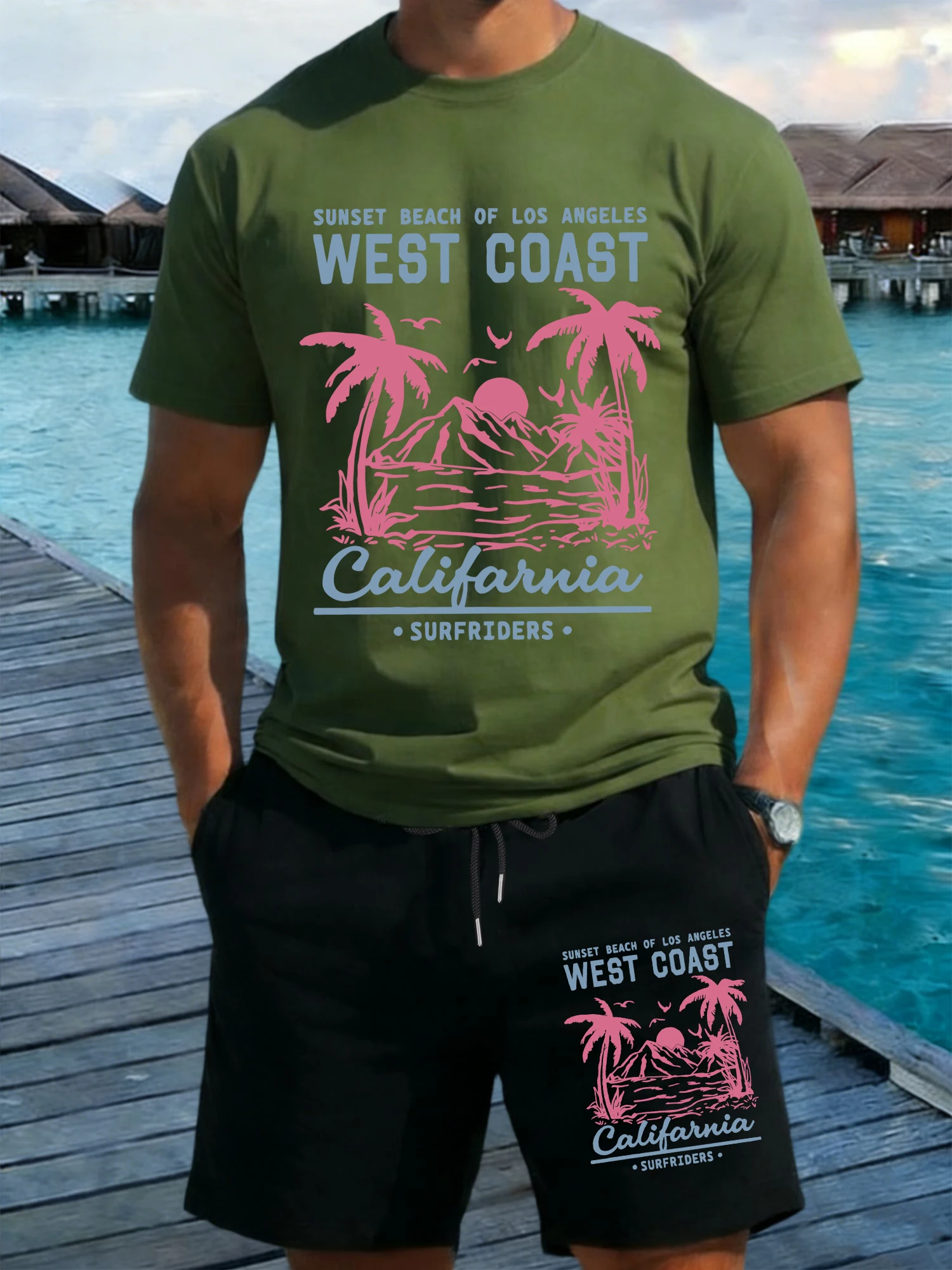 

California West Coast Beach Print T-Shirt Set Men Summer Cotton T Shirt Wide-Leg Drawstring Shorts All-Match Pocket Black Pant