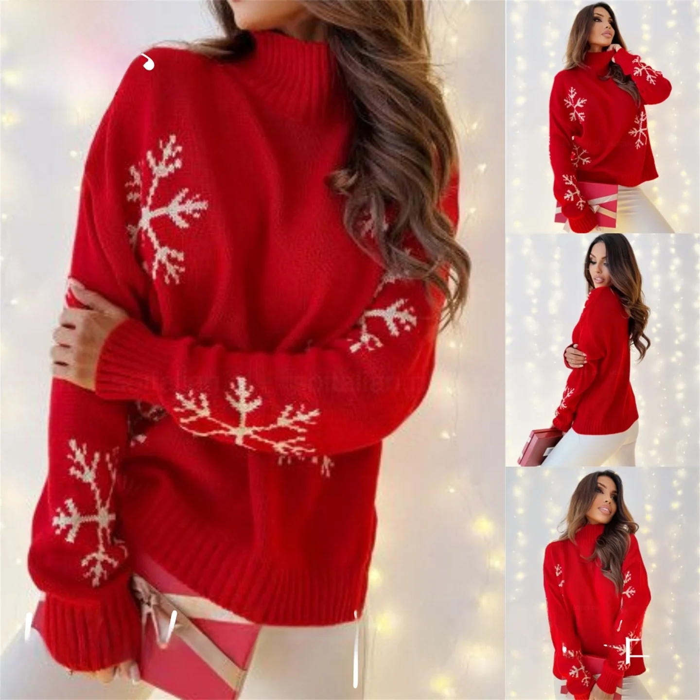 

KIKOBABY Women's Cisas Red Casual Snowflake Embroidery High Collar Loose Long Sve Knitted Sweater for Ladies