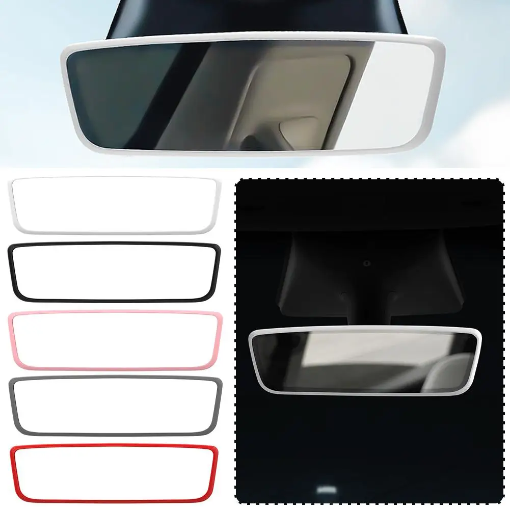 

For Tesla Y 2024 Interior Accessories Rearview Mirror Pink Frame White Trim Strip Decor Protection Protector Silicone O7H8