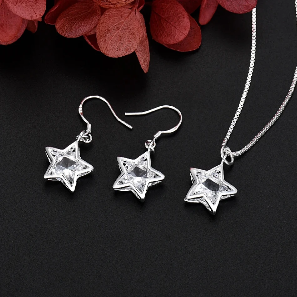 Heiße Luxus-Designer-Ohrring-Halskette aus 925er-Sterlingsilber mit hübschem Kristall-Stern für Damen, Mode, Party, Hochzeit, Schmuck, Paar-Geschenk – Detail 4