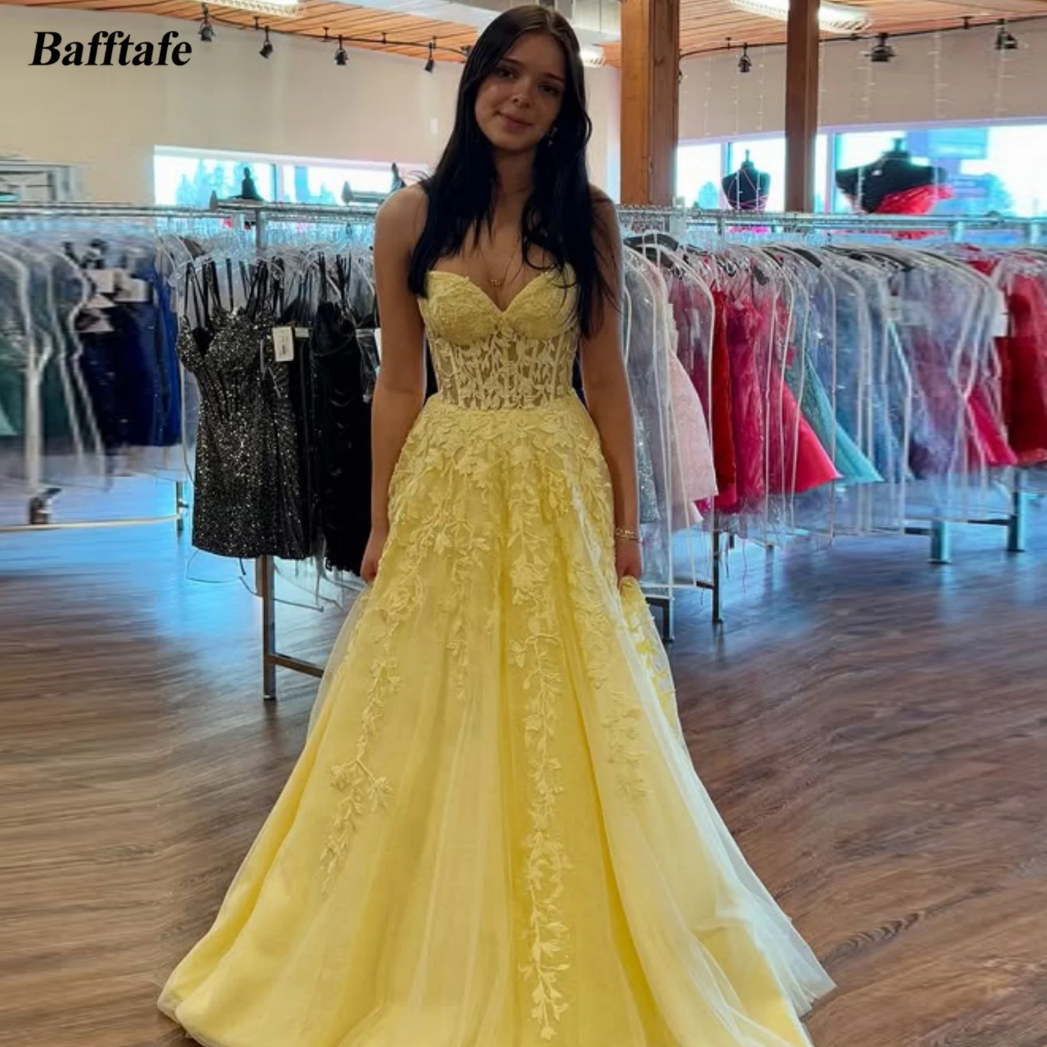 

Bafftafe Yellow Tulle Long Prom Dresses See Through Top Appliques Lace Bones Corset Customized Women Formal Party Evening Gowns