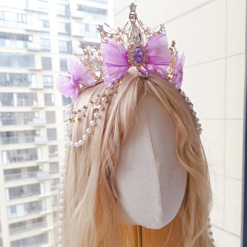 New Purple Bowknot Crown Cosplay Tassel Tuinga Church Headdress Exaggerated Photography Hair Ornaments