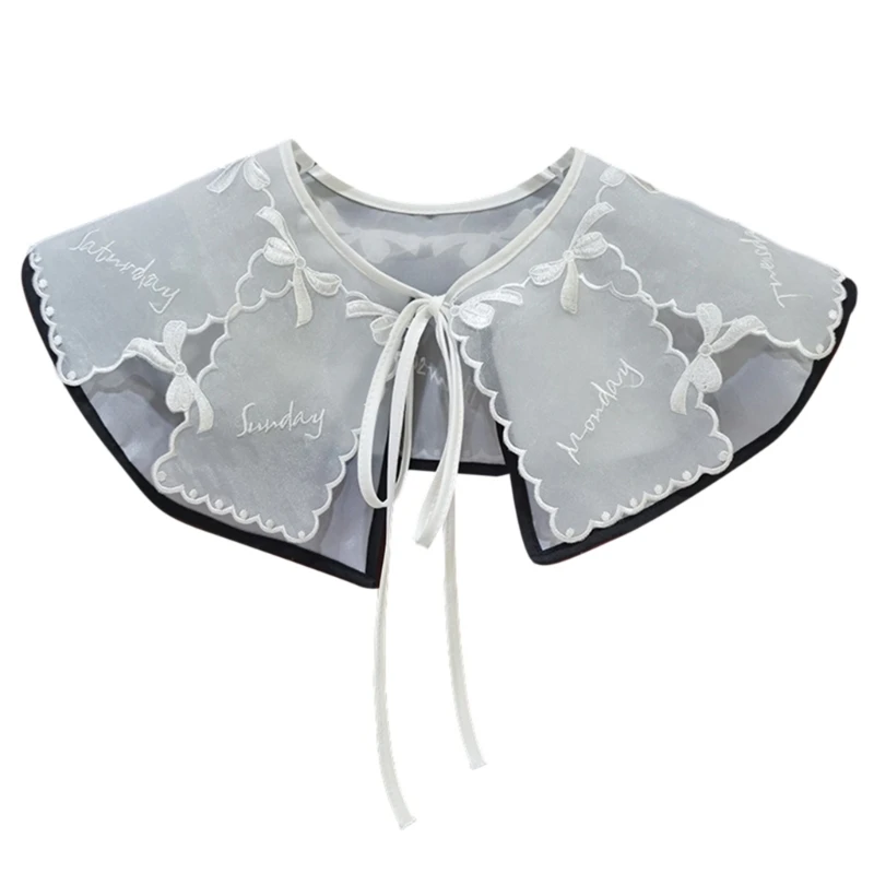 Women Elegant Organza Detachable Fake Collar Rhinestones Pearl Beading Shawl Scarf Embroidery Bowknot Bandages Capelet