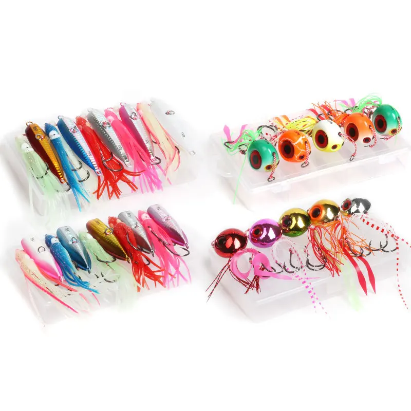 High Quality Lead Head Metal Fish Lure 80g-200g 5 Colors UV Glow Boat Fishing Jig Sea Sinker Artificial Bait Squid Skirt Sets