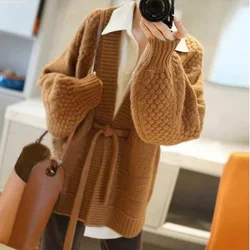 European goods heavy knit cashmere cardigan women loose wool coat autumn winter languid lazy long belt thick coat