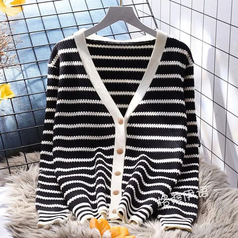 Korean Simple Striped V-neck Single Breasted Knitted Cardigan Coat Women's Casual Loose Long Sleeve All Match Sweater Top Jumper