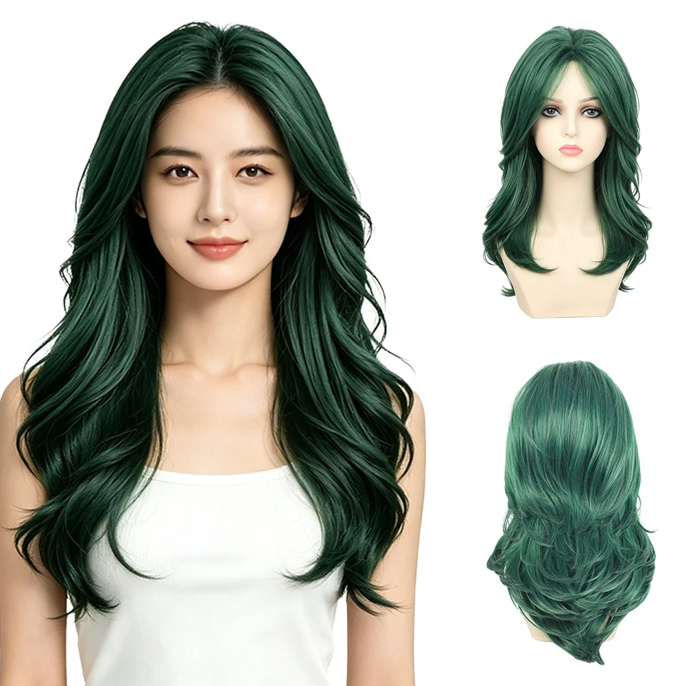 Fashion Dark Green Wig 50cm Medium Long Wavy Curly Wig Natural Looking Synthetic Full Head Wig For Women Party Cosplay Daily Use