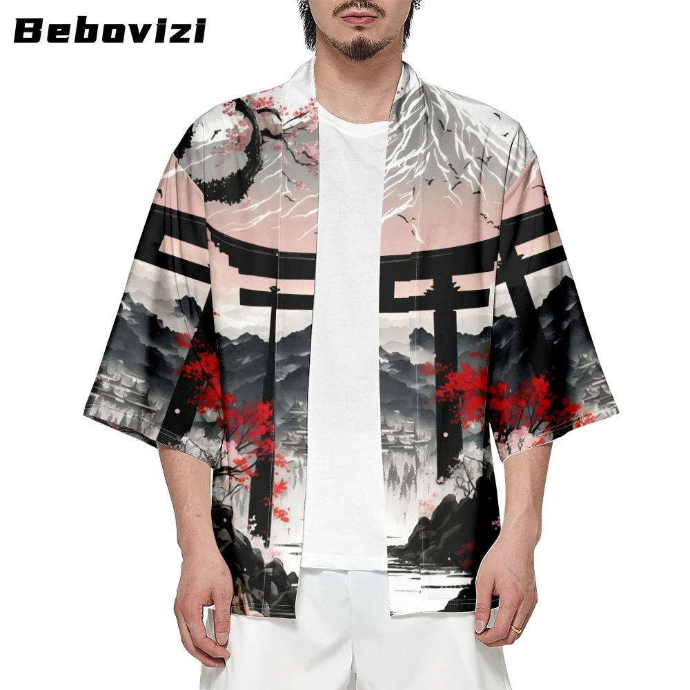 Bebovizi-Fushimi Inari Cardigã com estampa para homens e mulheres, Haori, Yukata solta, roupas asiáticas, quimono de praia Harajuku Japão, moda