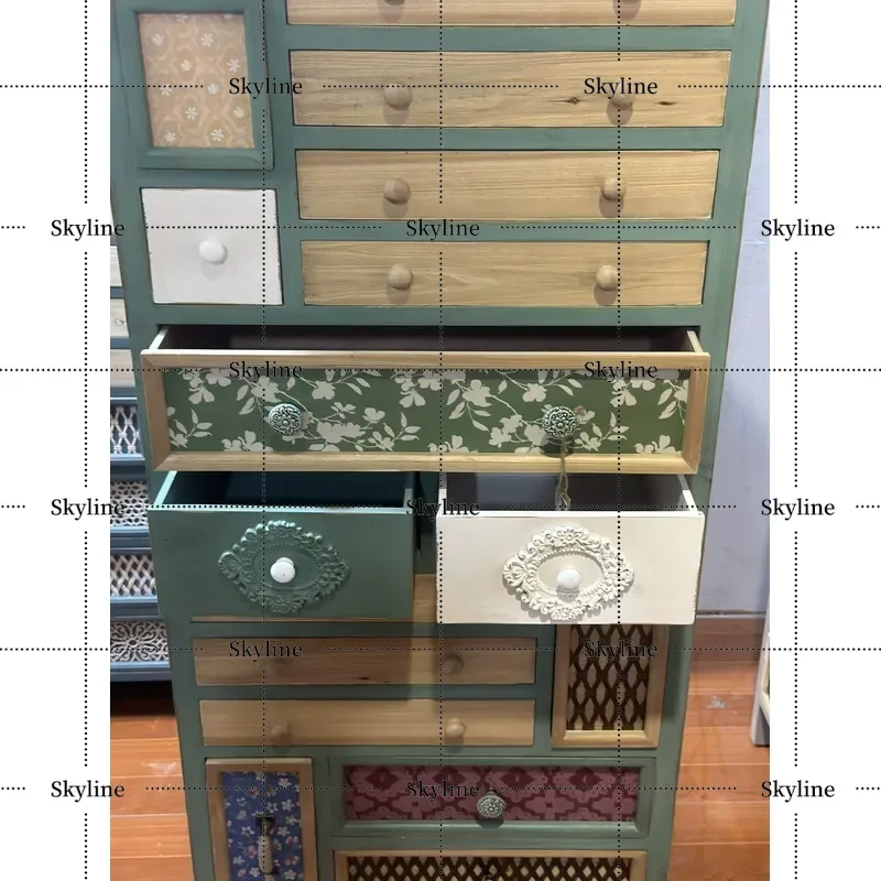 French American Country Retro Carved Multi-Drawer Chest, Antique Classic Creative Cabinet