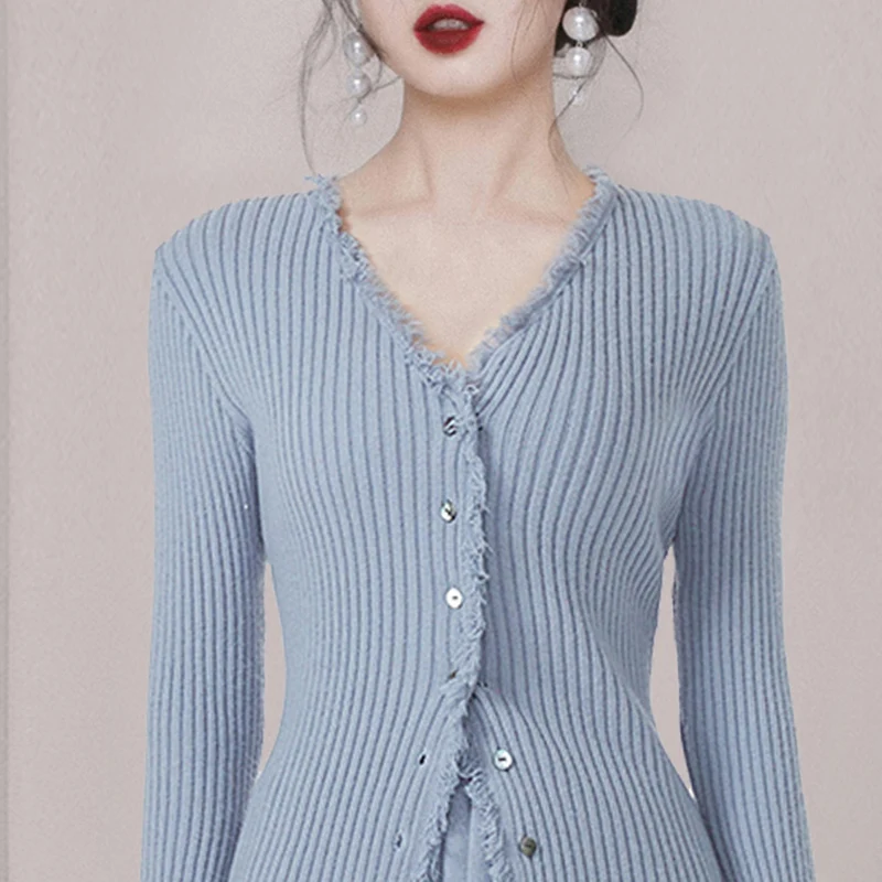 Autumn Knitted 2 Piece Set Women V Neck Pit Strip Tassel Single Breasted Flare Sleeve Cardigan + Sweet Pleated Mini Skirt Suits