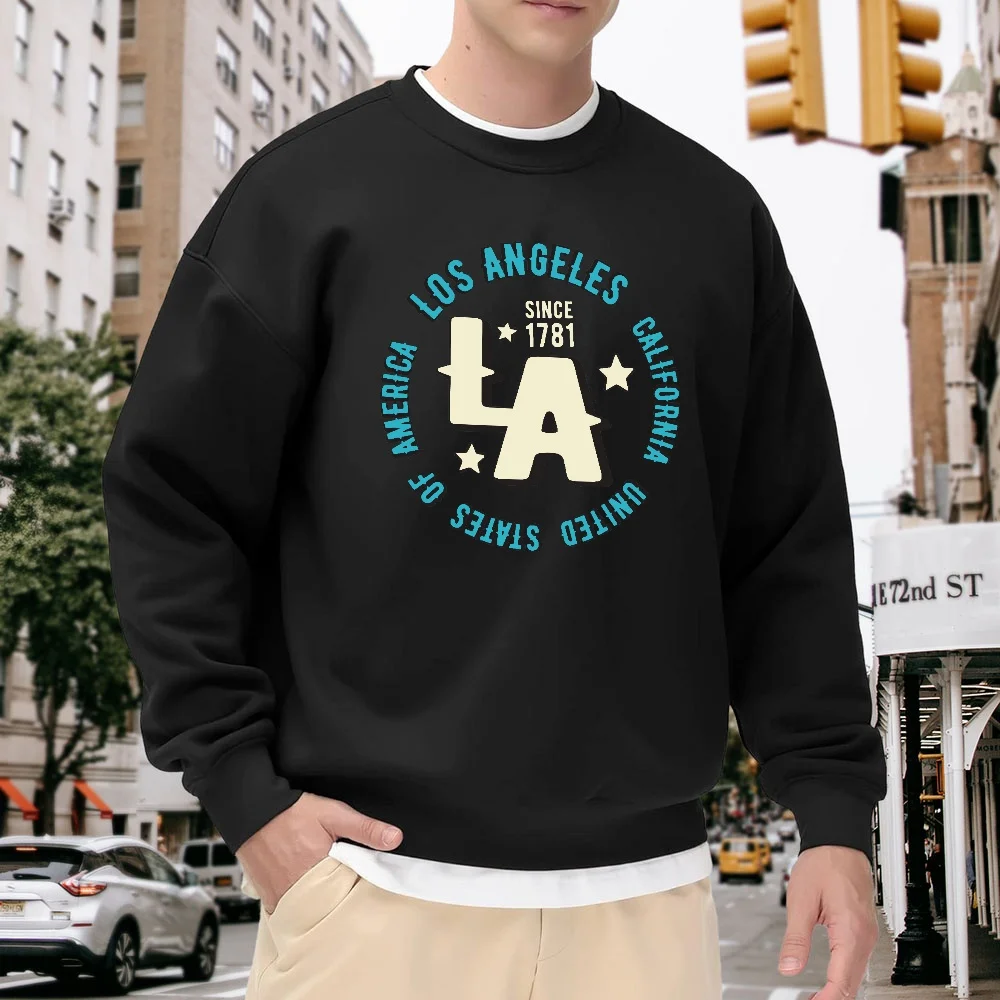

Men's Black Crew Neck Pullover Sweatshirt with Los Angeles La Letter Print, Loose Fit Top, American Street Fashion, Casual and Versatile, Comfortable for Everyday Wear