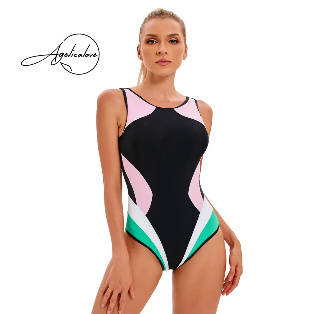 AGELICALOVE Monokini Round Collar Sleeveless Patchwork Sport One Piece Swimsuit Women Beach Wear Bathing Swimwear Female