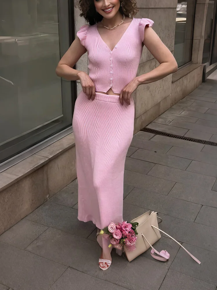 

Tossy Summer Knit Ribbed 2 Piece-Set Long Skirt Women's Ruffled Sweater Cardigan And High Waist Slim Maxi Skirt Outfits Female