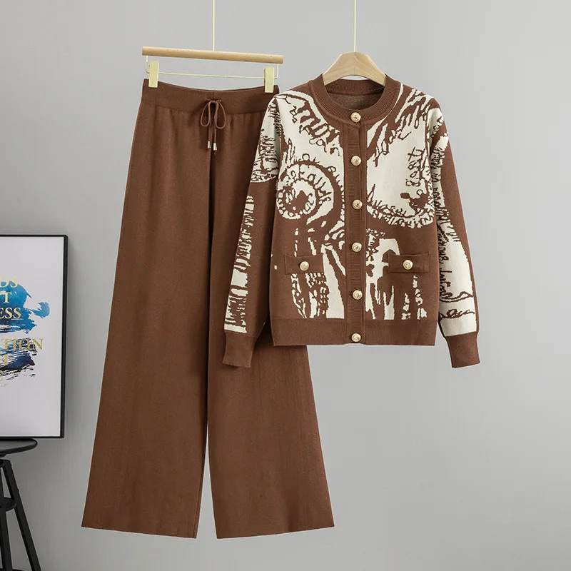 Spring and Autumn New French Style Round Neck Metal Buckle Contrast Jacquard Knitted Cardigan Stylish Wide Leg Pants Sets B643