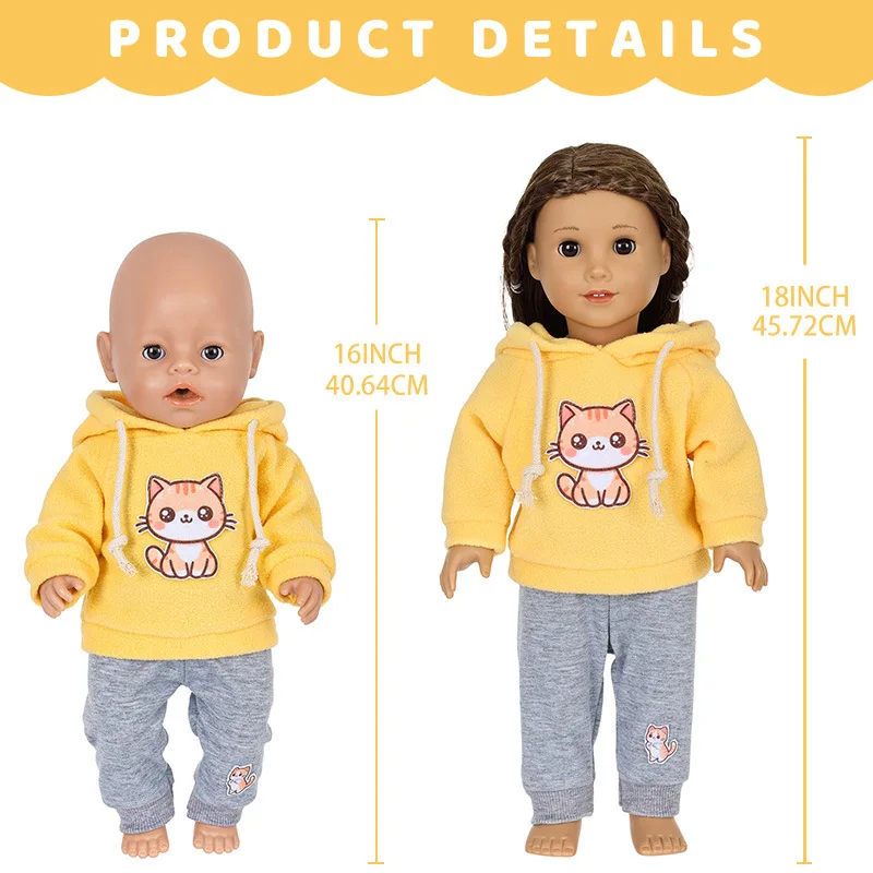 新しい43cm（18インチ）ドール用ジャンプスーツ、リボーンドール用キュートな漫画風スポーツフーディーパンツセット、アメリカンガールドール服ギフト