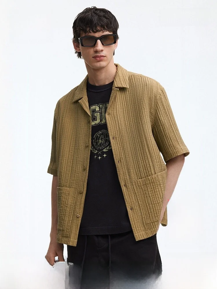 

H&M Men's Casual Style Cuban Collar Shirt Summer 2026 Loose Fit Short Sleeve Button up Regular Length Carrot Shape Knitwear
