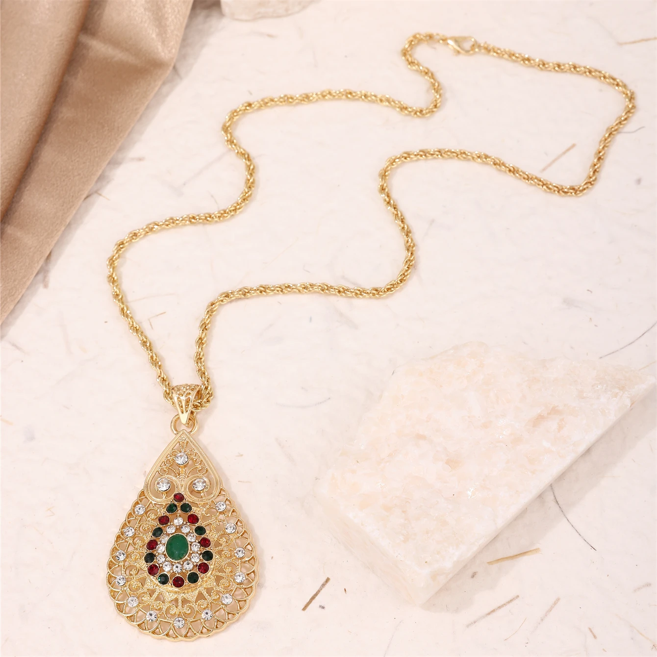 Moroccan Bridal Chain Necklace Water Drop Shape Rhineston Pendent Middle Easten Woman Caften Head Jewelry