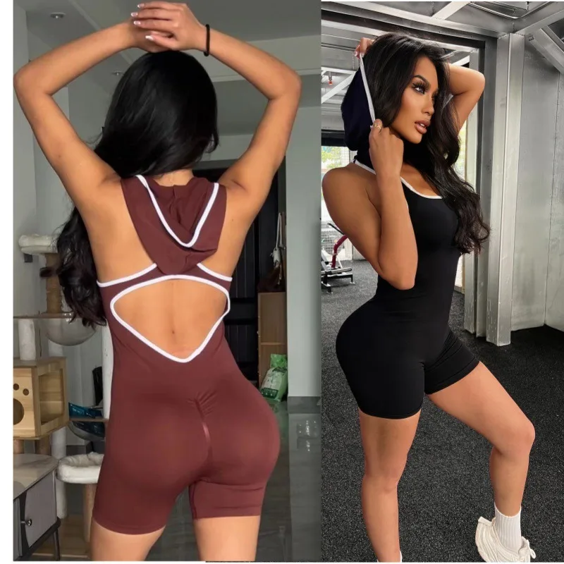 

TRY TO BN Seamless Sports Jumpsuit Yoga Short Hooded Sportswear Fitness Workout Bodysuit One Piece Suits Tight Gym Woman Clothes