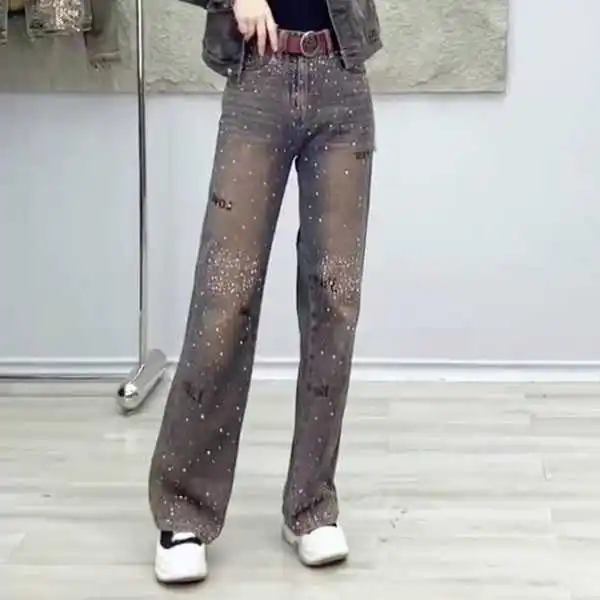 

Джинсы женские прямые с высокой талией, модные, брендовые, с массивными стразами, весенние, новые, стройнящие, свободные, широкие...