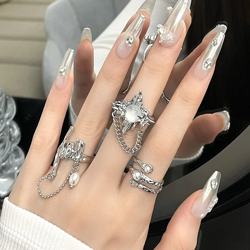 Gothic Irregular Tassel Moonstone Rings Y2K Lava Chain Star Opal Stone Ring Aesthetics Kpop Pearl Rings Set for Women Jewelry