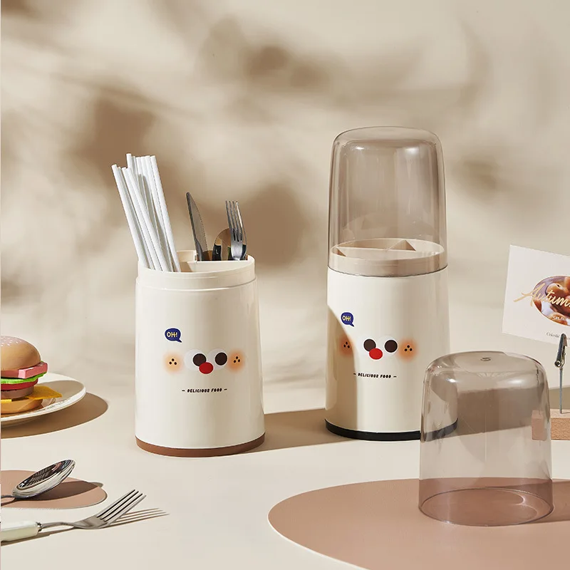 Staubdichter Essstäbchenhalter mit Deckel, Küche, Zuhause, Besteck, Löffel, Entwässerung, Organizer, Rack, Cartoon-Geschirr-Organizer für Utensilien
