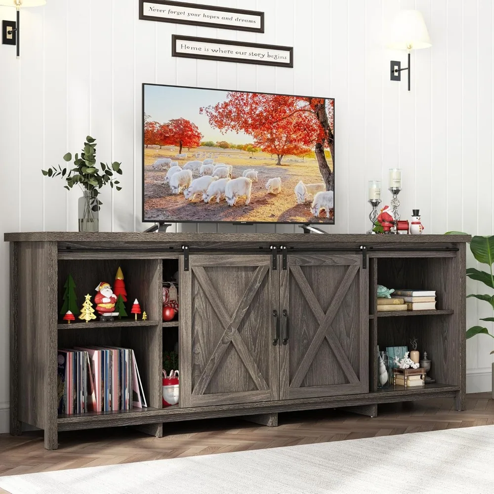 70In Farmhouse TV Stands for 70 75 80inch TV w/Adjustable Shelves,Sliding Barn Door.Rustic Wooden Entertainment Center,TV Consol