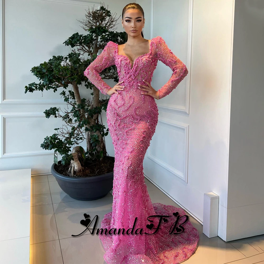 فساتين سهرة حورية البحر مطرزة بالخرز من أماندا بأكمام طويلة وأحجار الراين العربية السعودية فيستدوس دي فيستا للحفلات الرسمية حسب الطلب