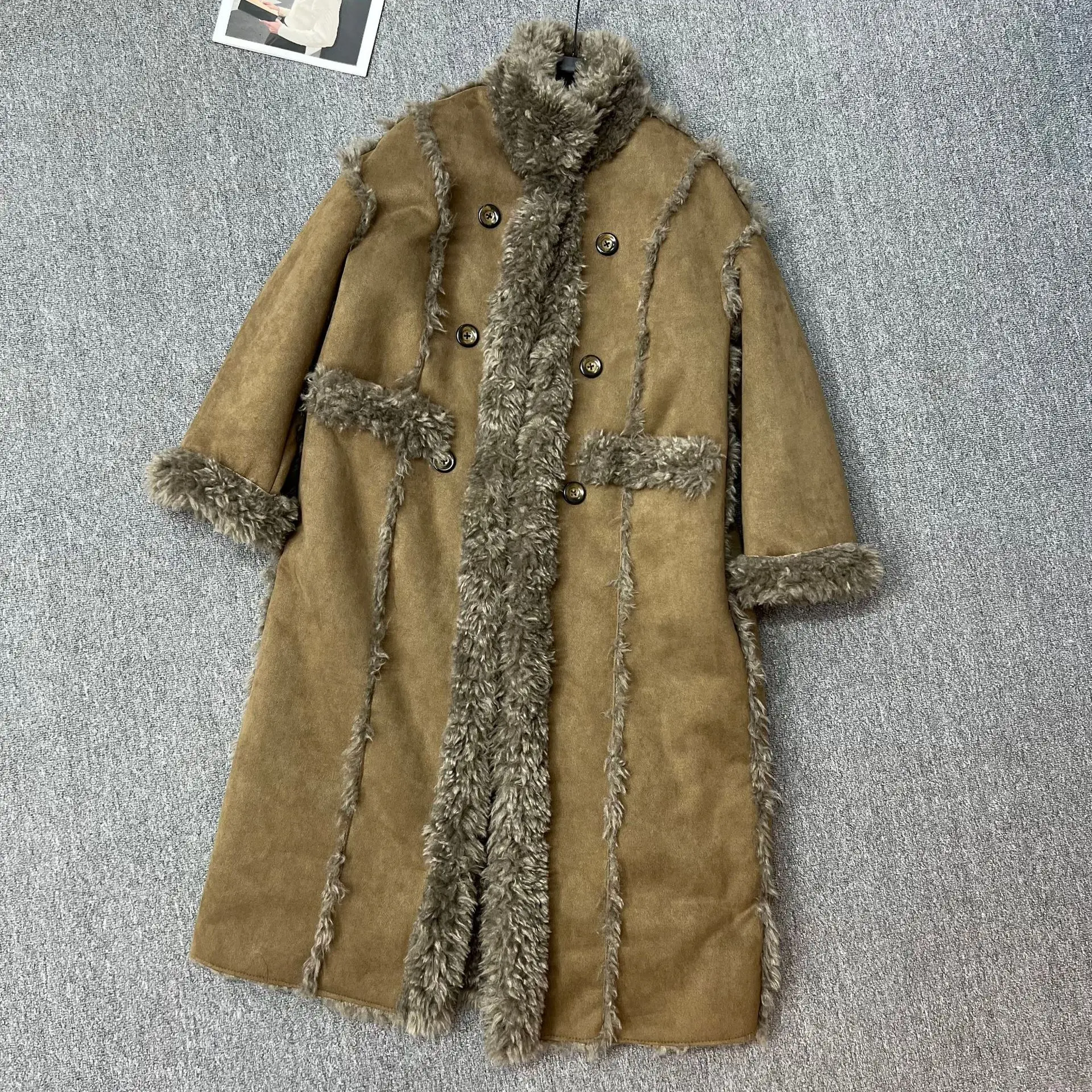 معطف طويل للنساء شتاء 2025 جديد تقليد فرو الضأن الوقوف طوق عكسها معطف الشتاء معطف المرأة معاطف طويلة فو الفراء #6