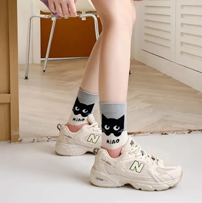 Ladies Spring Summer Thin Cotton Mid Tube For Young Girls Pile Socks Solid Color Cartoon Cat Sweet Girly Style Great Gift Option