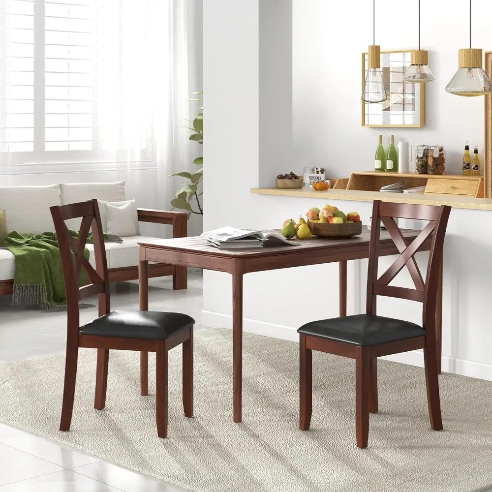 Wood Dining Chairs Set of 2, Faux Leather Upholstered Dining Chairs with Rubber Wood Legs, Vintage Kitchen Chair