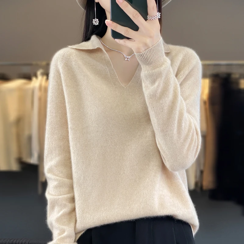 100% Merino Wool POLO Neck Sweater For Women 2023 Autumn/Winter New Thick Sweater Jacket For Women Solid Color Knit Pullover