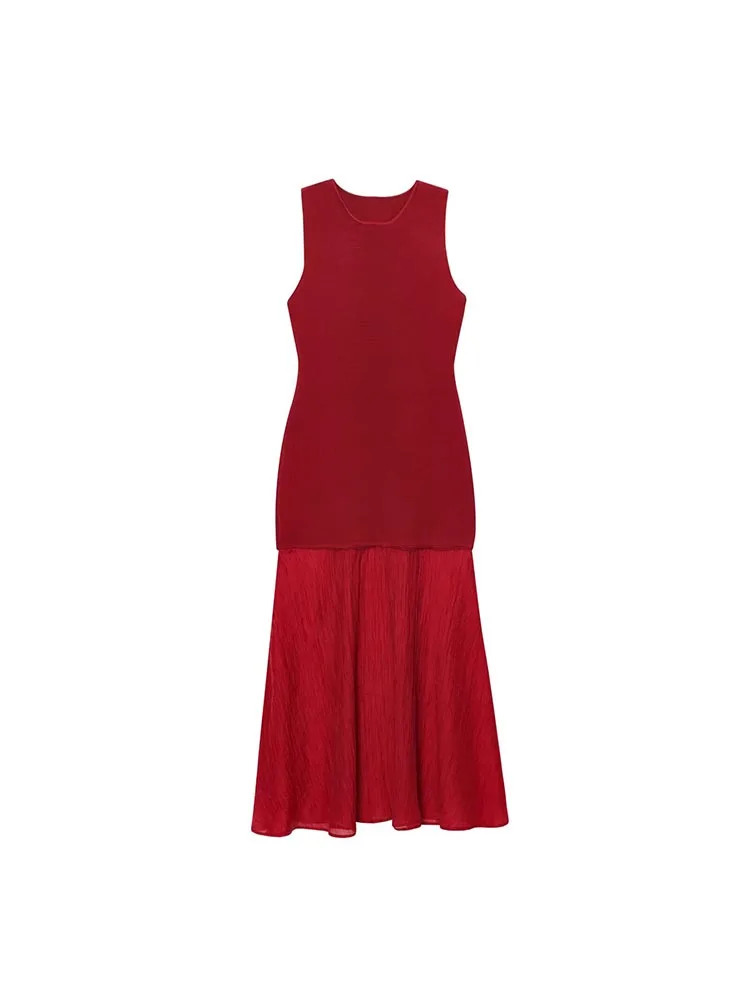 

2025 Women Summer MIDI Tank Dress Fashion Solid O-Neck Sleeveless Knitting Spliced Female Elegant Street Dresses Clothing