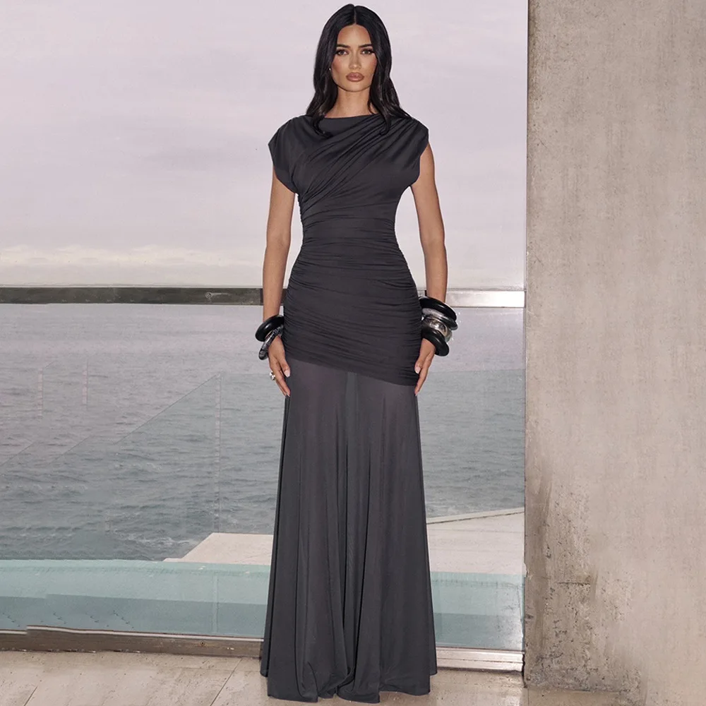 Robe Maxi élégante en maille Patchwork, sans manches, col rond, drapée, froncée, transparente, moulante, Sexy, tenues de fête