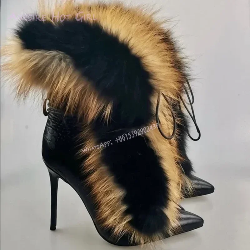 Botines largos de felpa con encaje cruzado para mujer, botines de tacón de aguja puntiagudos con volantes y borlas, abrigo de oficina para primavera, bota corta, zapato Sexy, color negro y marrón